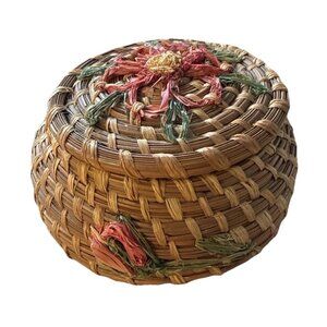 Vtg Coushatta Pine Needle Basket Flower With Lid Lidded Native Indian Handmade